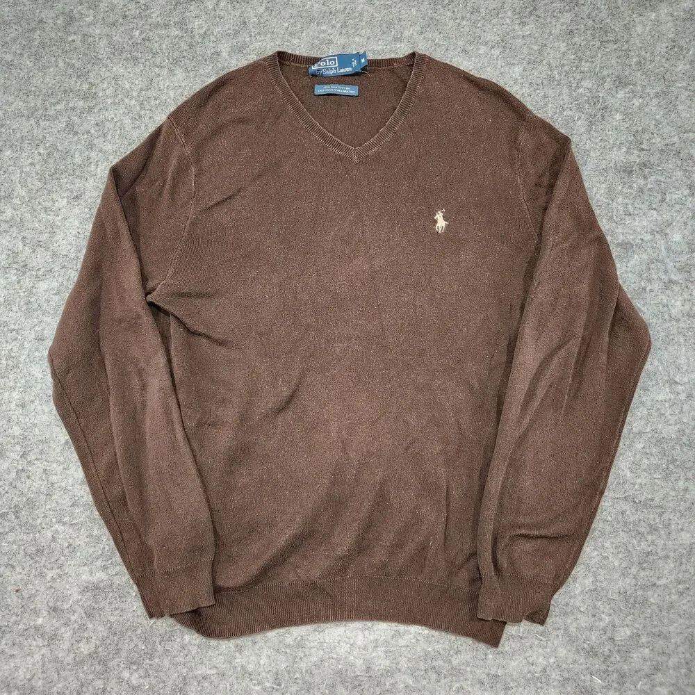 Polo Ralph Lauren PRL Mens M Medium 100% Pima Cotton Knit V Neck Sweater‎ Brown